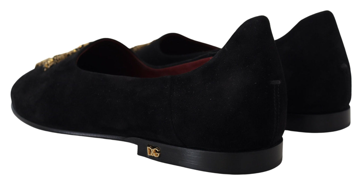 Dolce & Gabbana Schwarz Wildleder Gold Kreuz Slip On Loafers Schuhe
