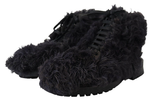 Dolce & Gabbana Schwarz Leder Combat Shearling Stiefel Schuhe