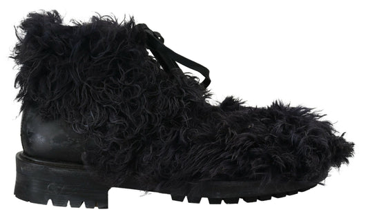 Dolce & Gabbana Schwarz Leder Combat Shearling Stiefel Schuhe