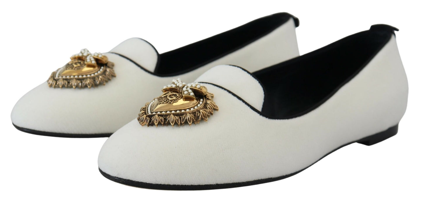Dolce & Gabbana Weiß Samt Slip Ons Loafers Flats Schuhe