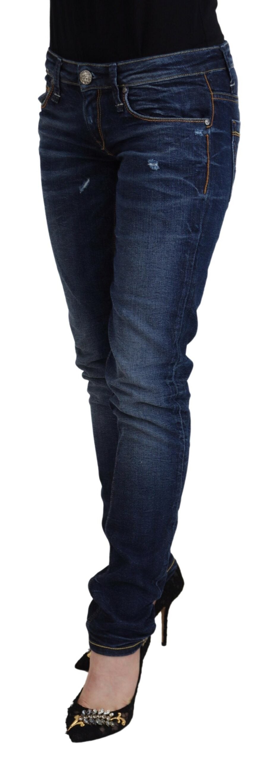 Acht Blau gewaschene Baumwolle mit niedriger Taille Damen Casual Jeans