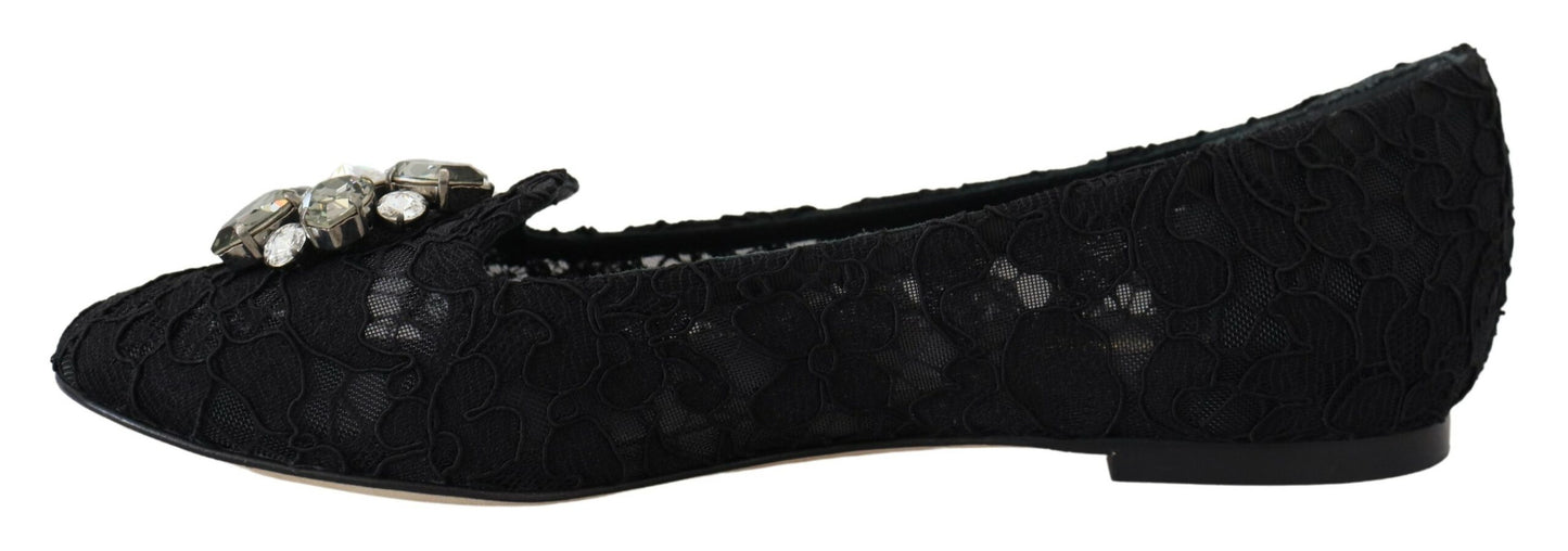 Dolce & Gabbana Schwarz Taormina Spitze Kristalle Flats Schuhe