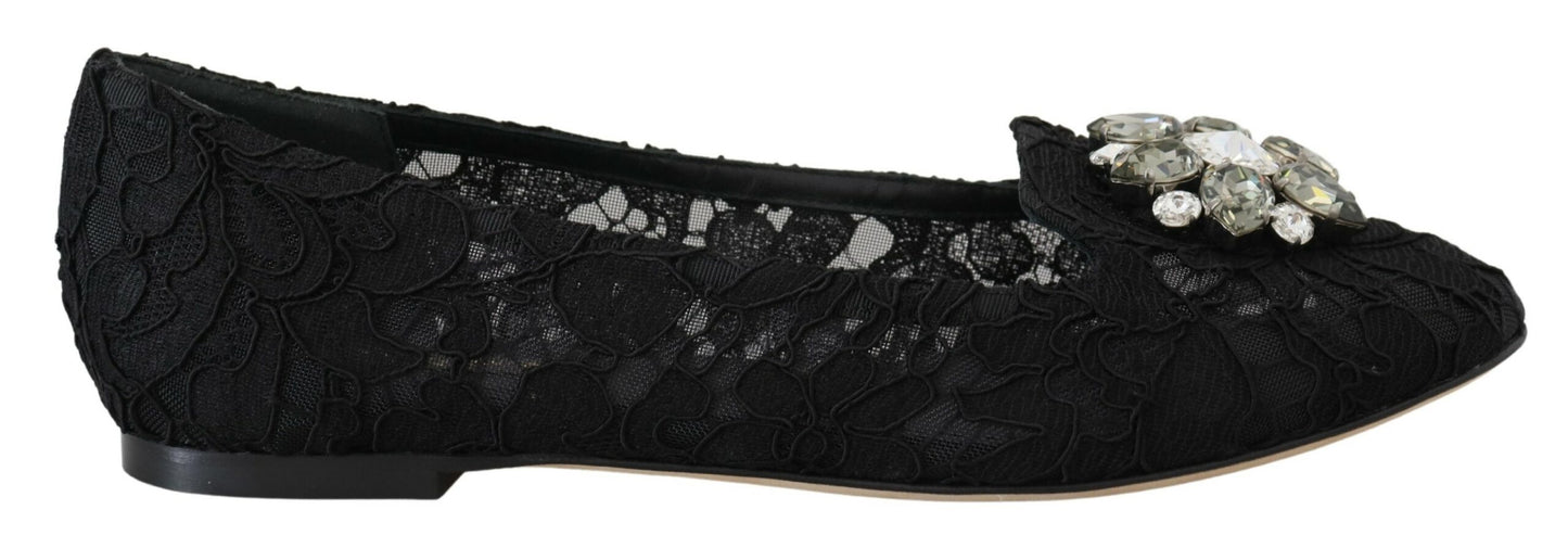 Dolce & Gabbana Schwarz Taormina Spitze Kristalle Flats Schuhe