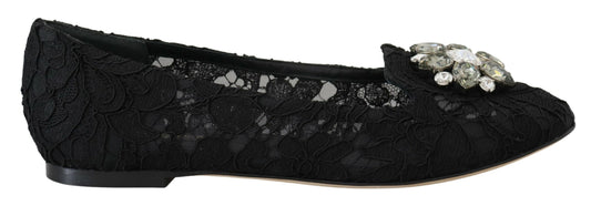Dolce & Gabbana Schwarz Taormina Spitze Kristalle Flats Schuhe