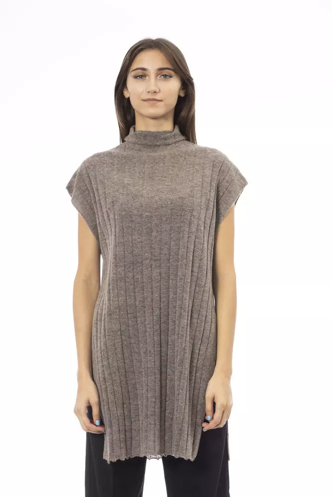 Alpha Studio Brauner Wollpullover mit Seitenschlitzen für Damen