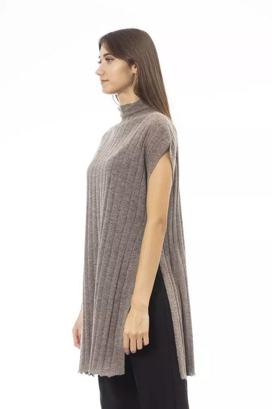 Alpha Studio Brauner Wollpullover mit Seitenschlitzen für Damen