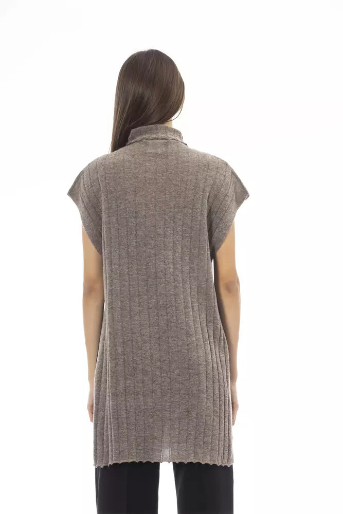 Alpha Studio Brauner Wollpullover mit Seitenschlitzen für Damen