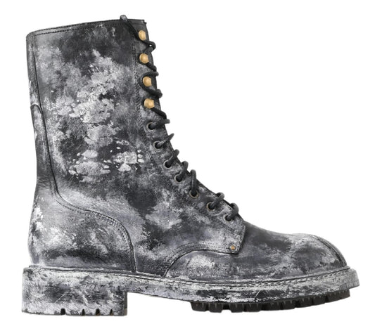 Dolce & Gabbana Schwarz Gray Leder Mid Calf Stiefel Schuhe