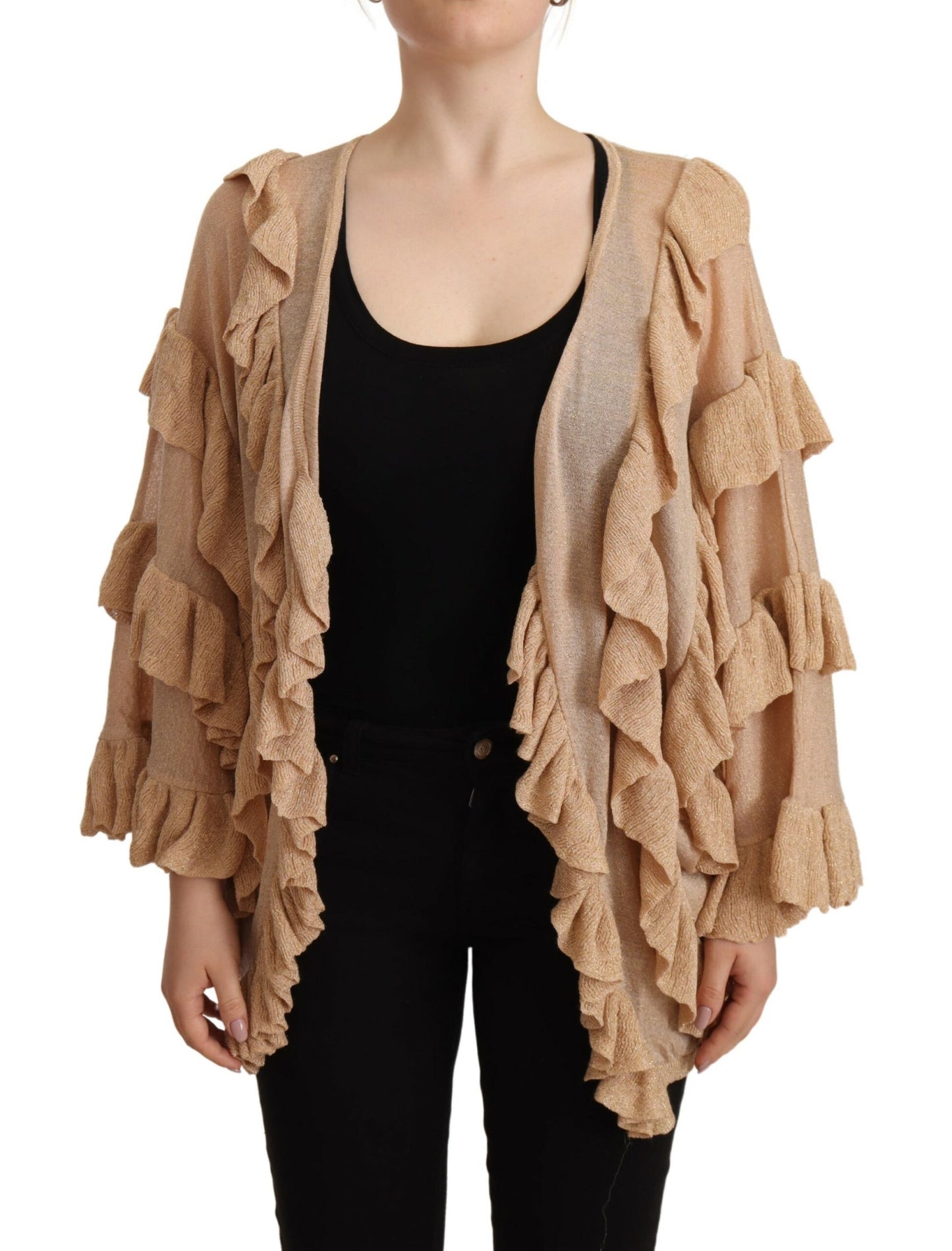 Aniye By Beige Ruffle Langarm-Strickjacke mit offener Vorderseite