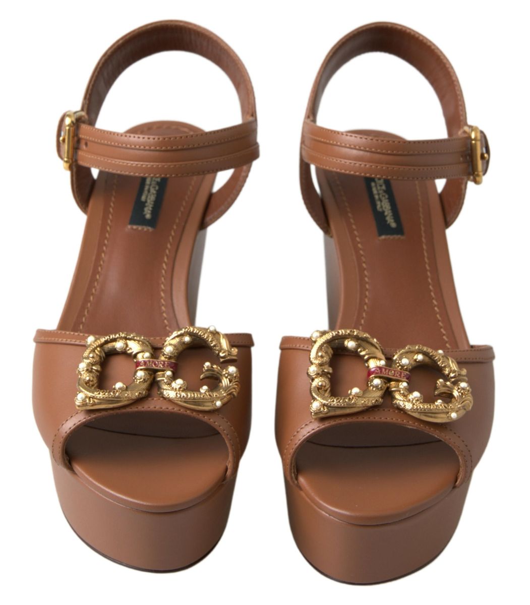 Dolce & Gabbana Braunes Leder AMORE Wedges Sandalen Schuhe