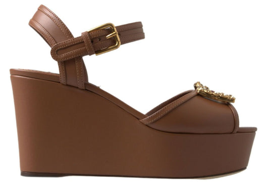 Dolce & Gabbana Braunes Leder AMORE Wedges Sandalen Schuhe