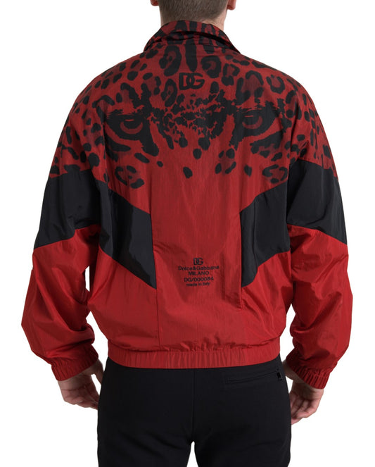 Dolce & Gabbana Roter Leopard Nylon Pullover mit Reißverschluss
