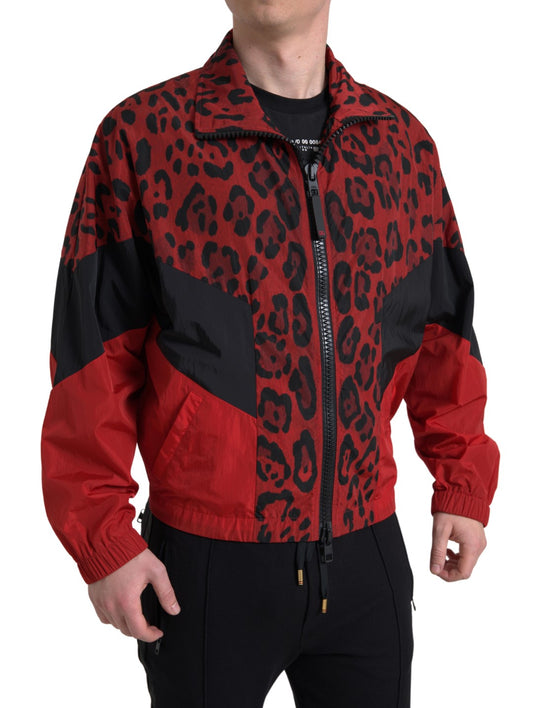 Dolce & Gabbana Roter Leopard Nylon Pullover mit Reißverschluss
