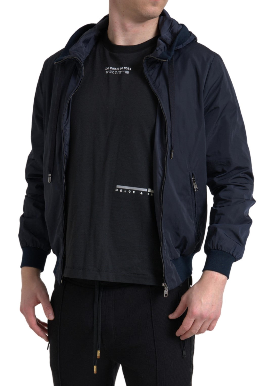 Dolce & Gabbana Blauer Logo-Pullover mit Kapuze und durchgehendem Reißverschluss aus Polyester