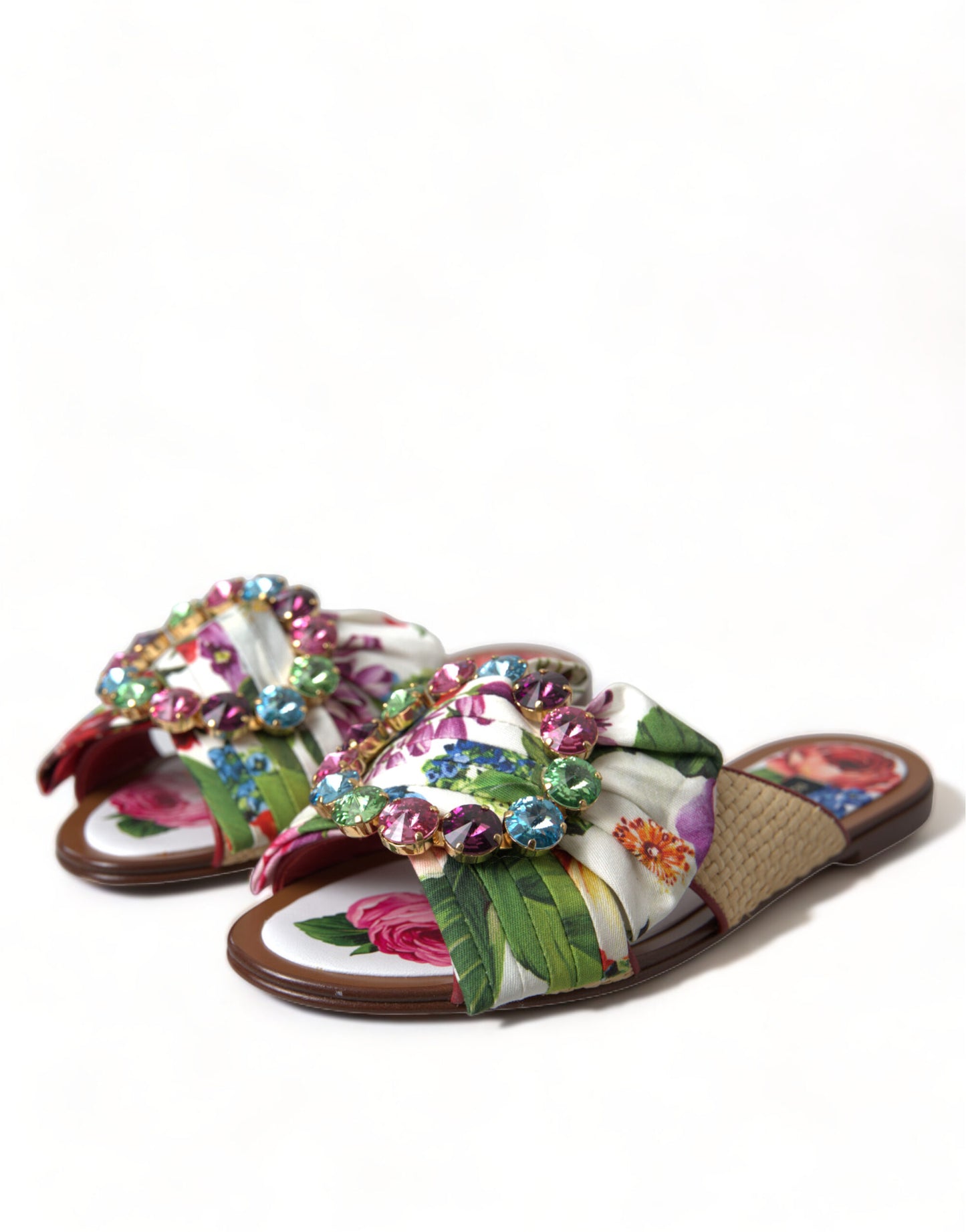 Dolce & Gabbana Multicolor Floral Flats Kristall Sandalen Schuhe