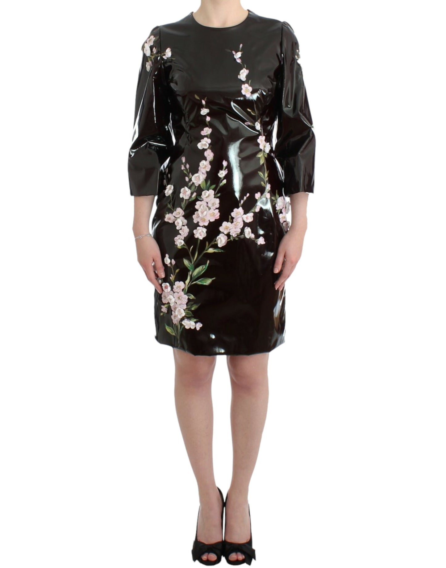 Dolce & Gabbana Schwarzes Lackkleid mit Blumen HANDPAINTED