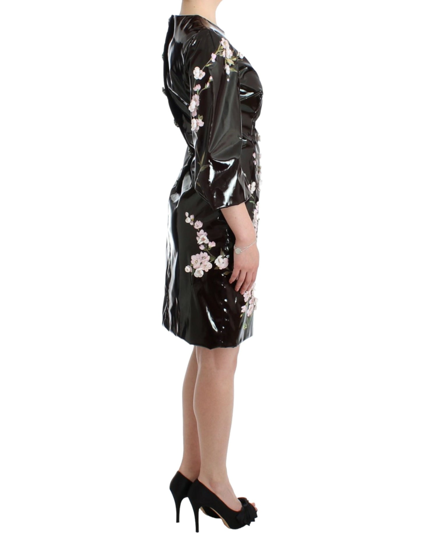 Dolce & Gabbana Schwarzes Lackkleid mit Blumen HANDPAINTED