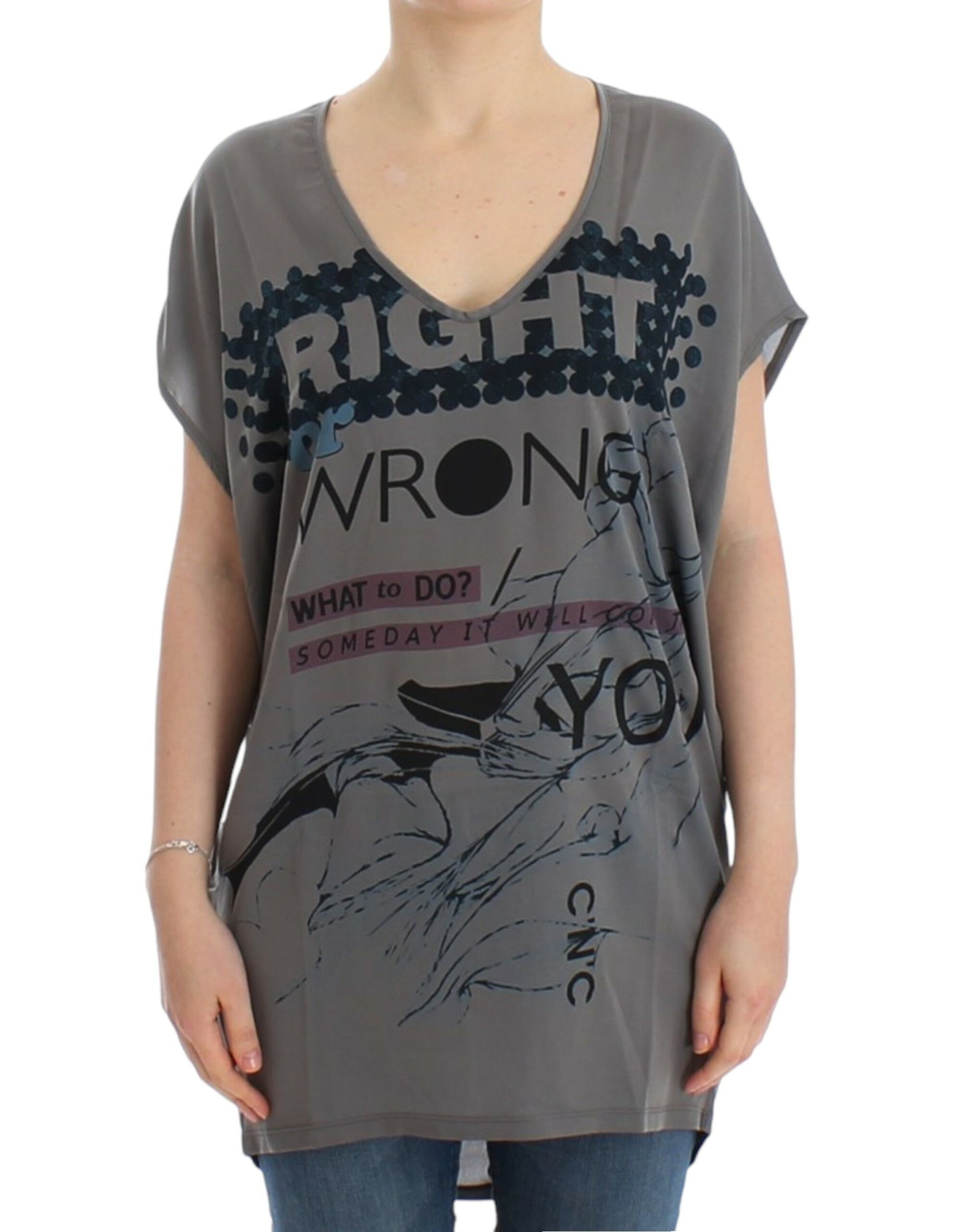 Costume National Graues langes T-Shirt mit V-Ausschnitt