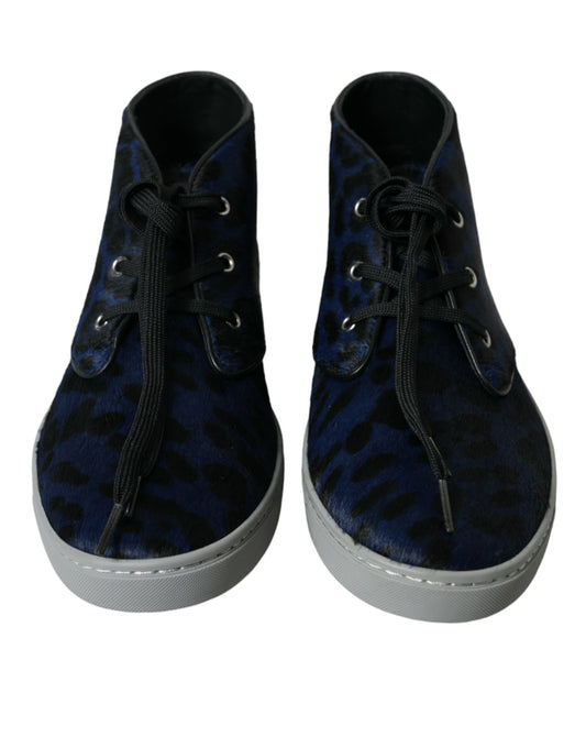 Dolce & Gabbana Blaue Kalbsleder Leopard Mid Top Sneakers Schuhe