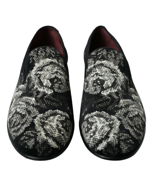 Dolce & Gabbana Schwarz Floral Hausschuhe Männer Loafers Kleid Schuhe