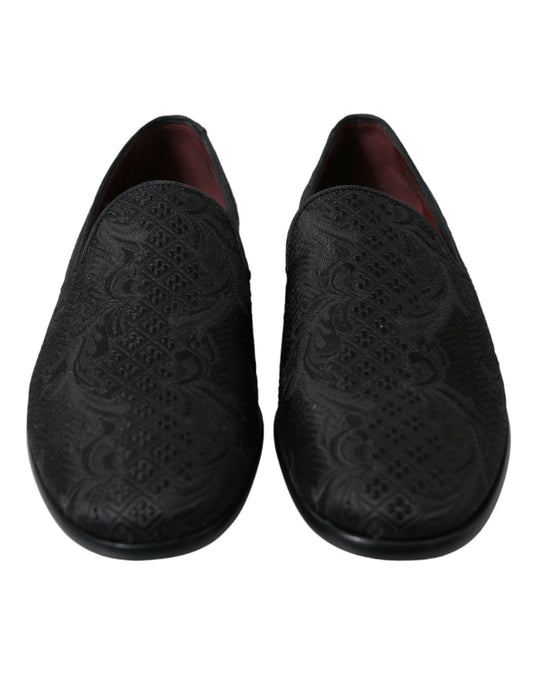 Dolce & Gabbana Schwarzer Brokat Männer Slip On Loafer Kleid Schuhe