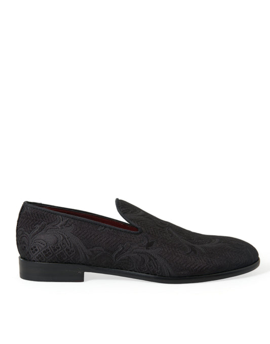 Dolce & Gabbana Schwarzer Brokat Männer Slip On Loafer Kleid Schuhe