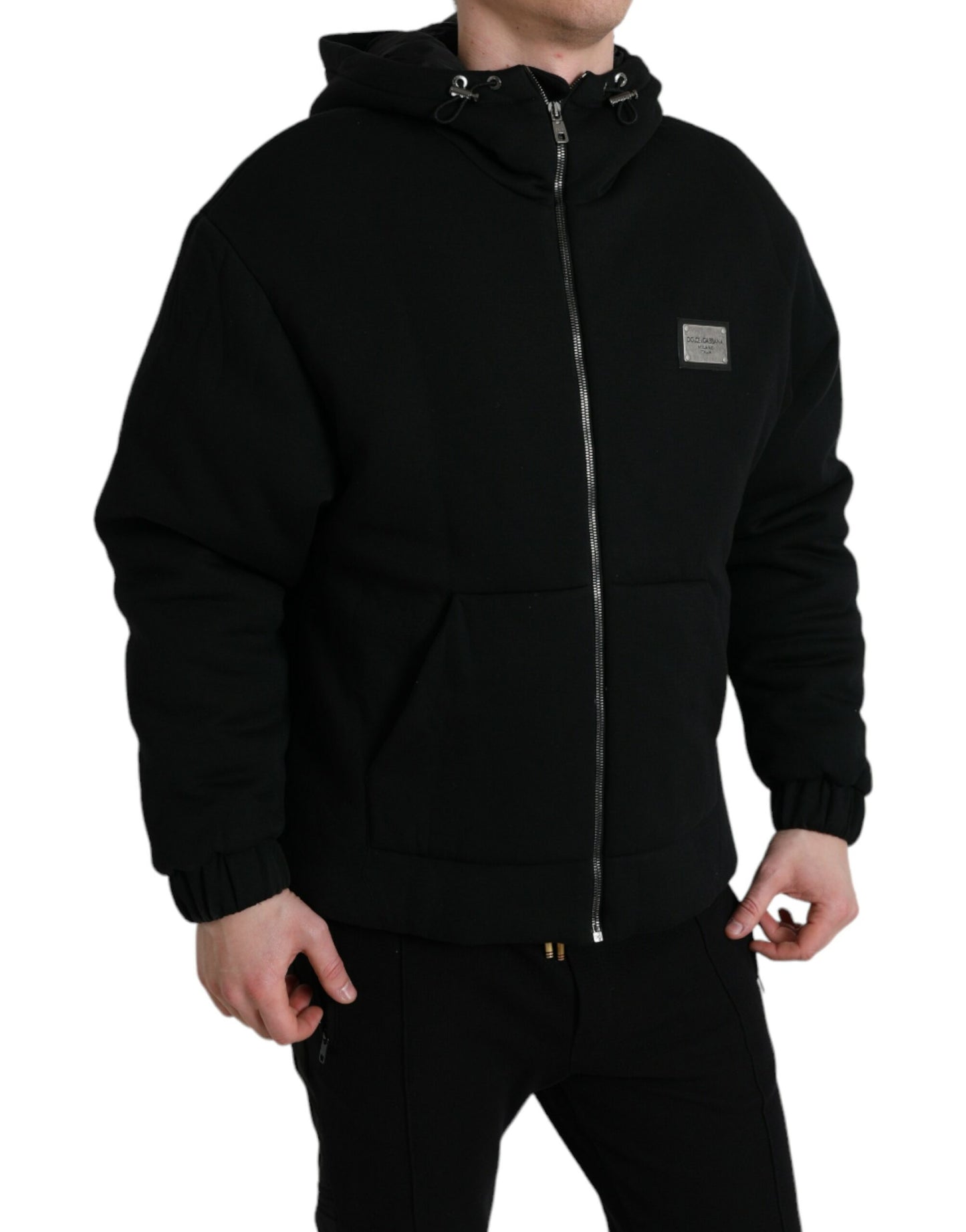 Dolce & Gabbana Schwarze Bomberjacke mit Logo-Kapuze aus Baumwolle