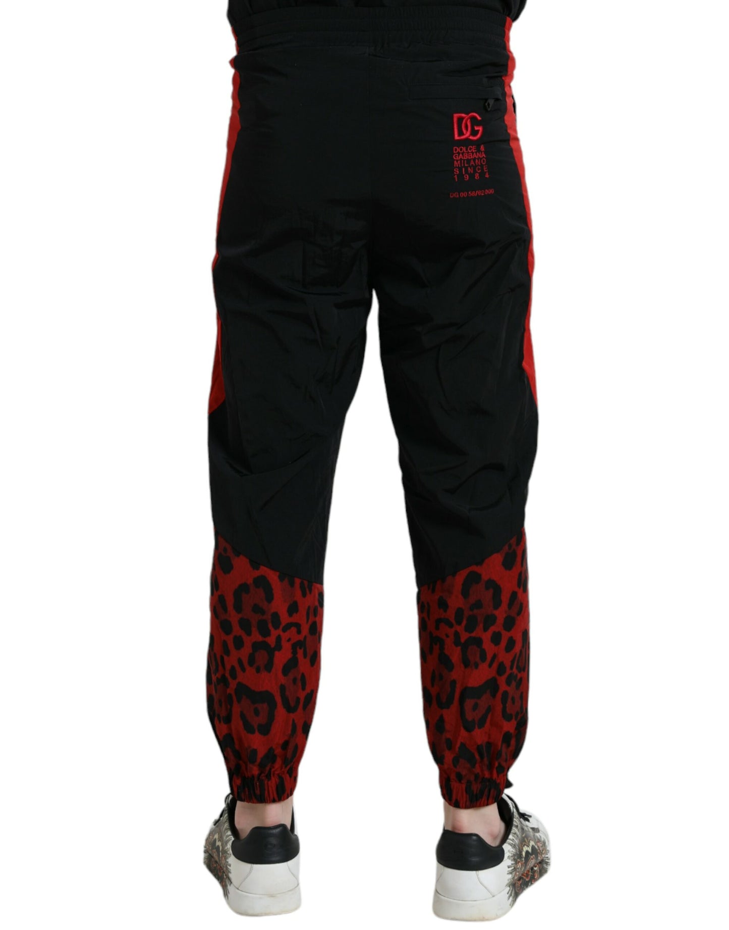 Dolce & Gabbana Schwarz-Rot Leopard Print Nylon Jogger Hose