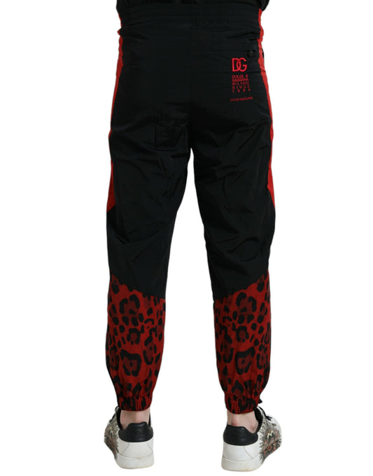 Dolce & Gabbana Schwarz-Rot Leopard Print Nylon Jogger Hose