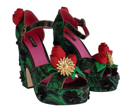 Dolce & Gabbana Grüner Brokat Schlangenleder Rosen Kristall Schuhe