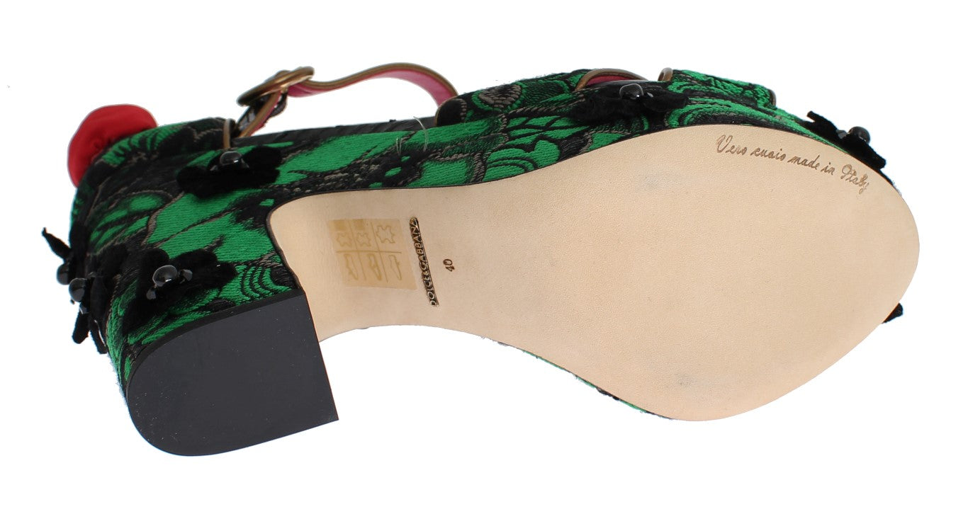 Dolce & Gabbana Grüner Brokat Schlangenleder Rosen Kristall Schuhe