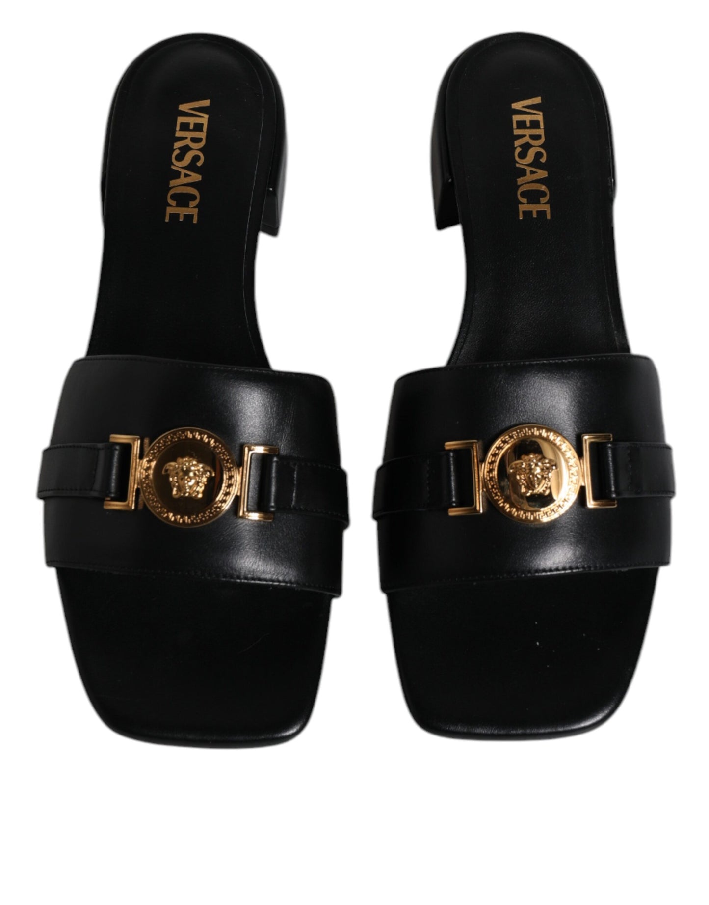 Versace Schwarz Leder Logo Plaque Slip On Slides Flats Schuhe