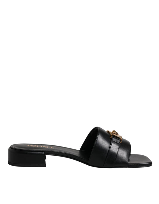 Versace Schwarz Leder Logo Plaque Slip On Slides Flats Schuhe