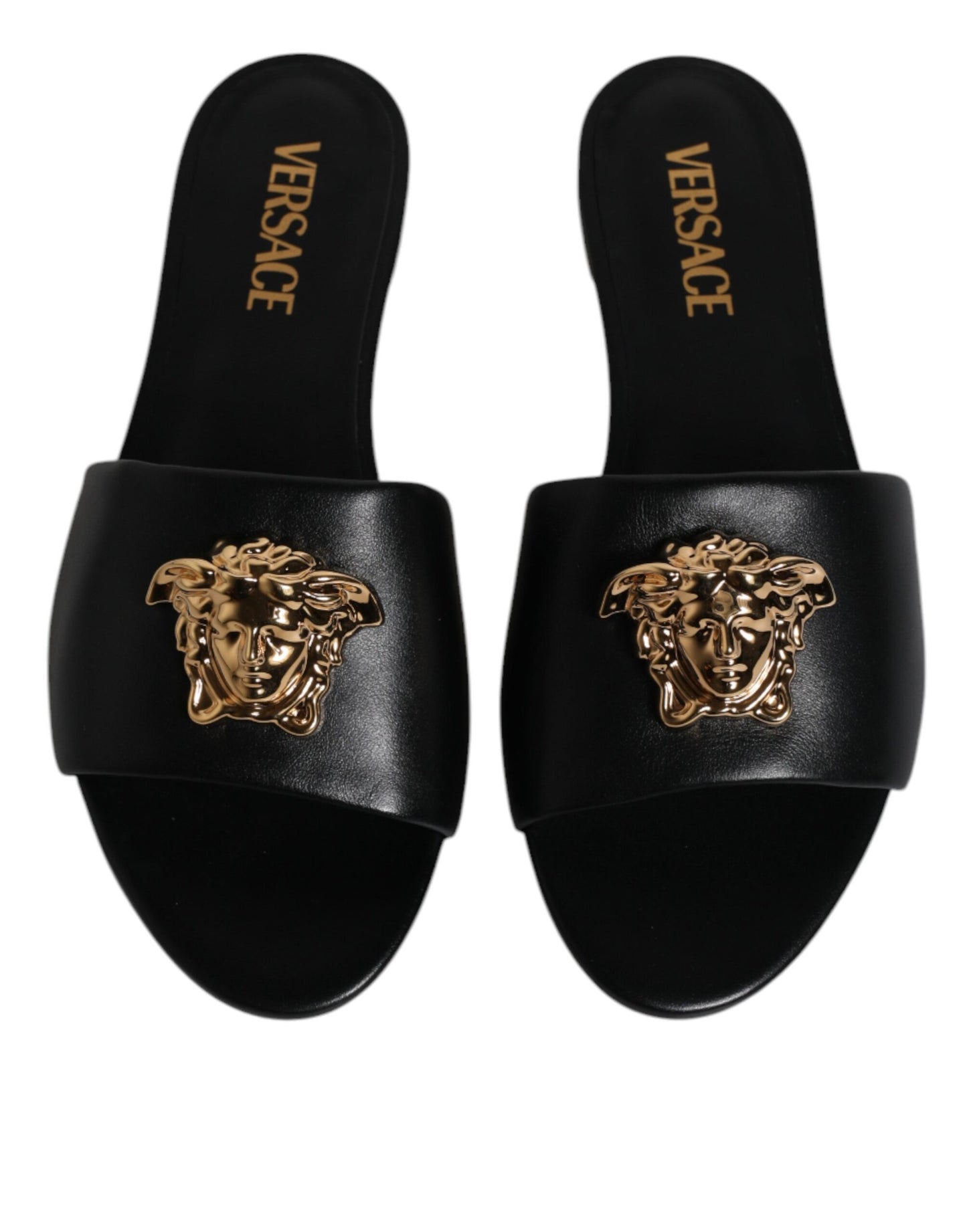 Versace Schwarz Leder Logo Plaque Slip On Slides Flats Schuhe
