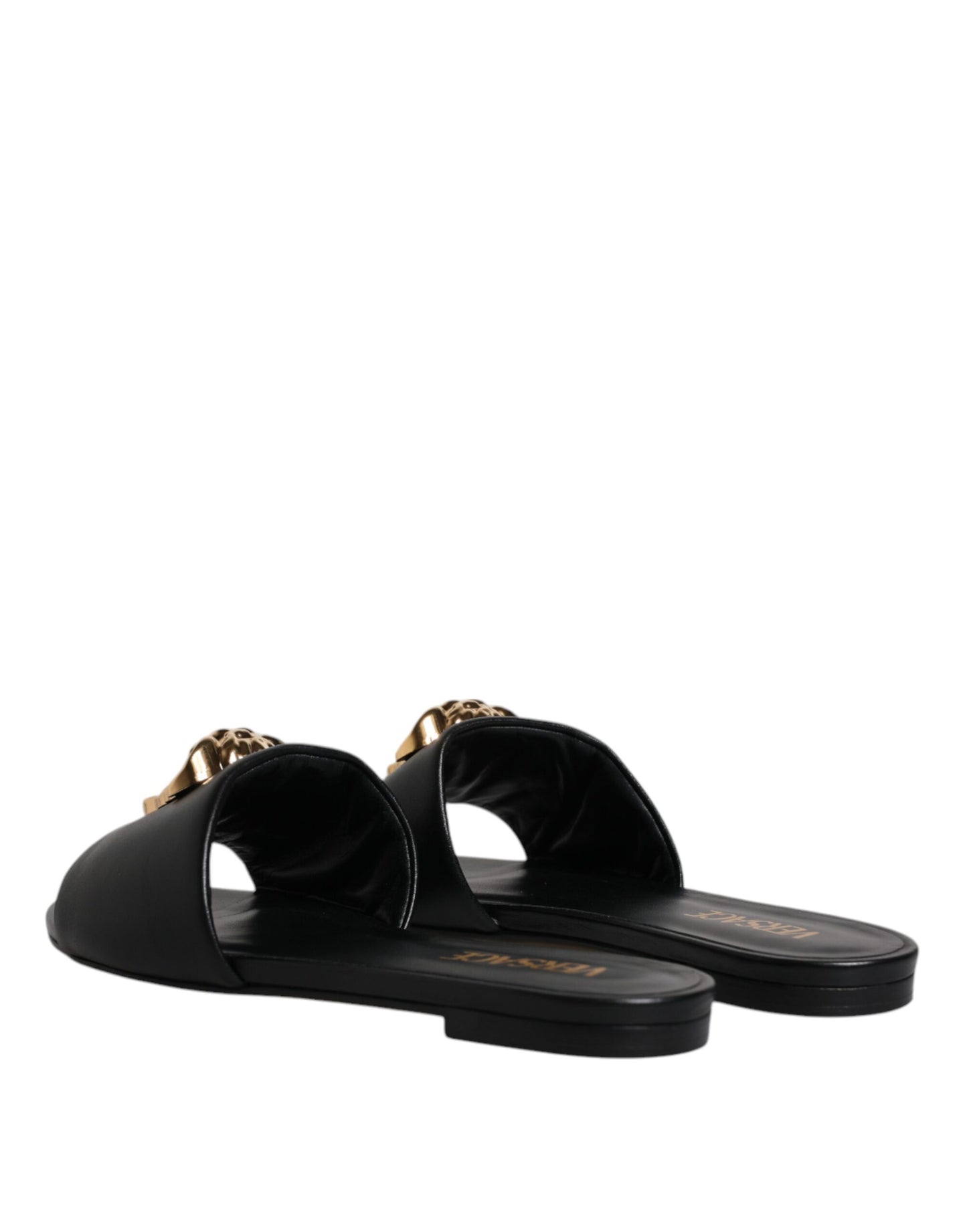 Versace Schwarz Leder Logo Plaque Slip On Slides Flats Schuhe