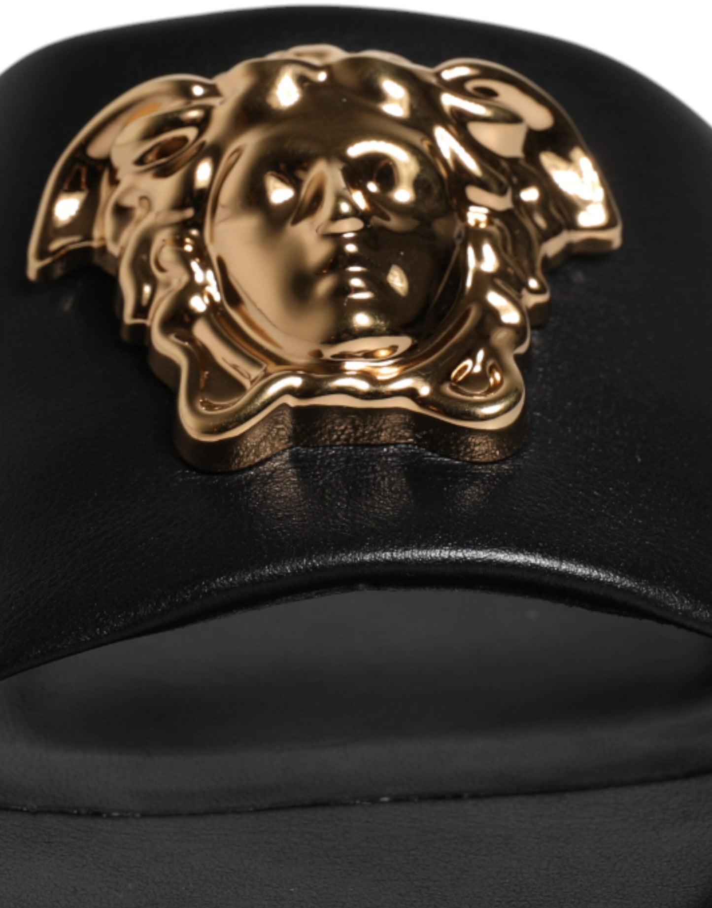 Versace Schwarz Leder Logo Plaque Slip On Slides Flats Schuhe