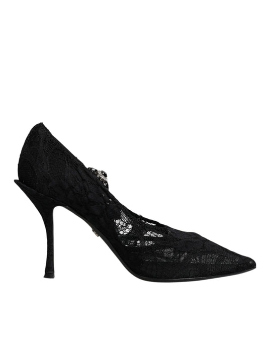 Dolce & Gabbana Schwarz Spitze Kristalle Mary Jane Pumps Schuhe