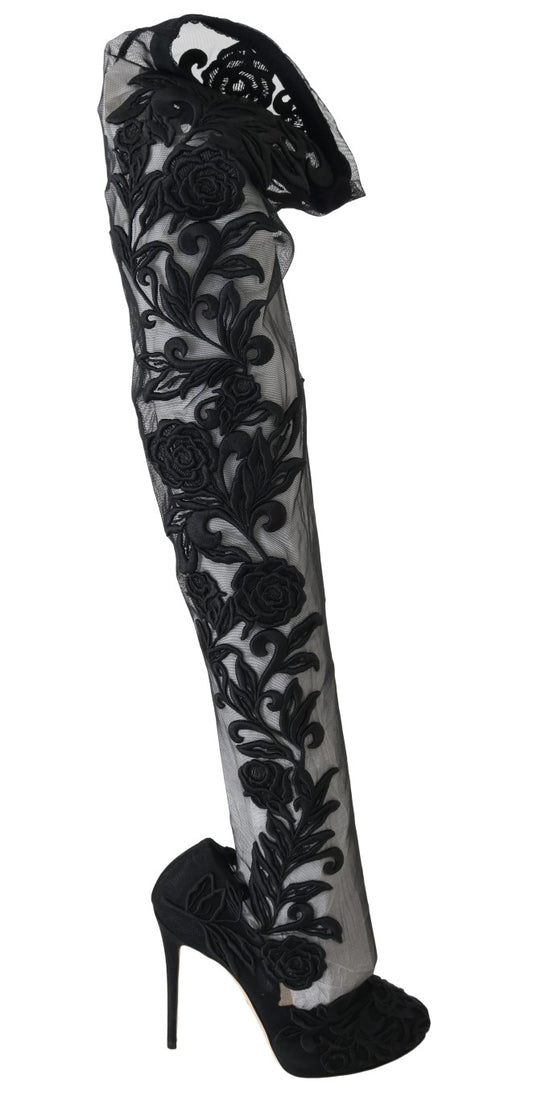 Dolce & Gabbana Schwarze floral bestickte Socken Stiefel