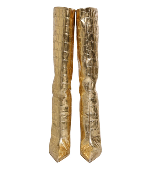 Dolce & Gabbana Gold Leder Stiletto Heels Hohe Stiefel Schuhe