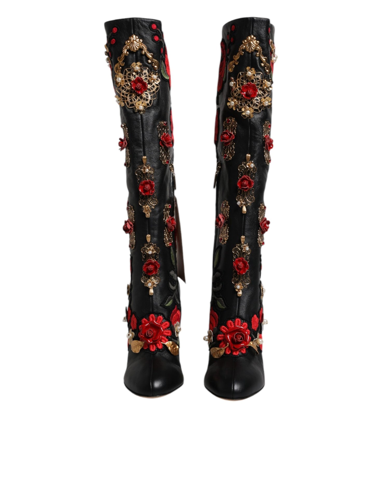 Dolce & Gabbana Schwarz Rosen verschönert Lederabsatz Stiefel Schuhe
