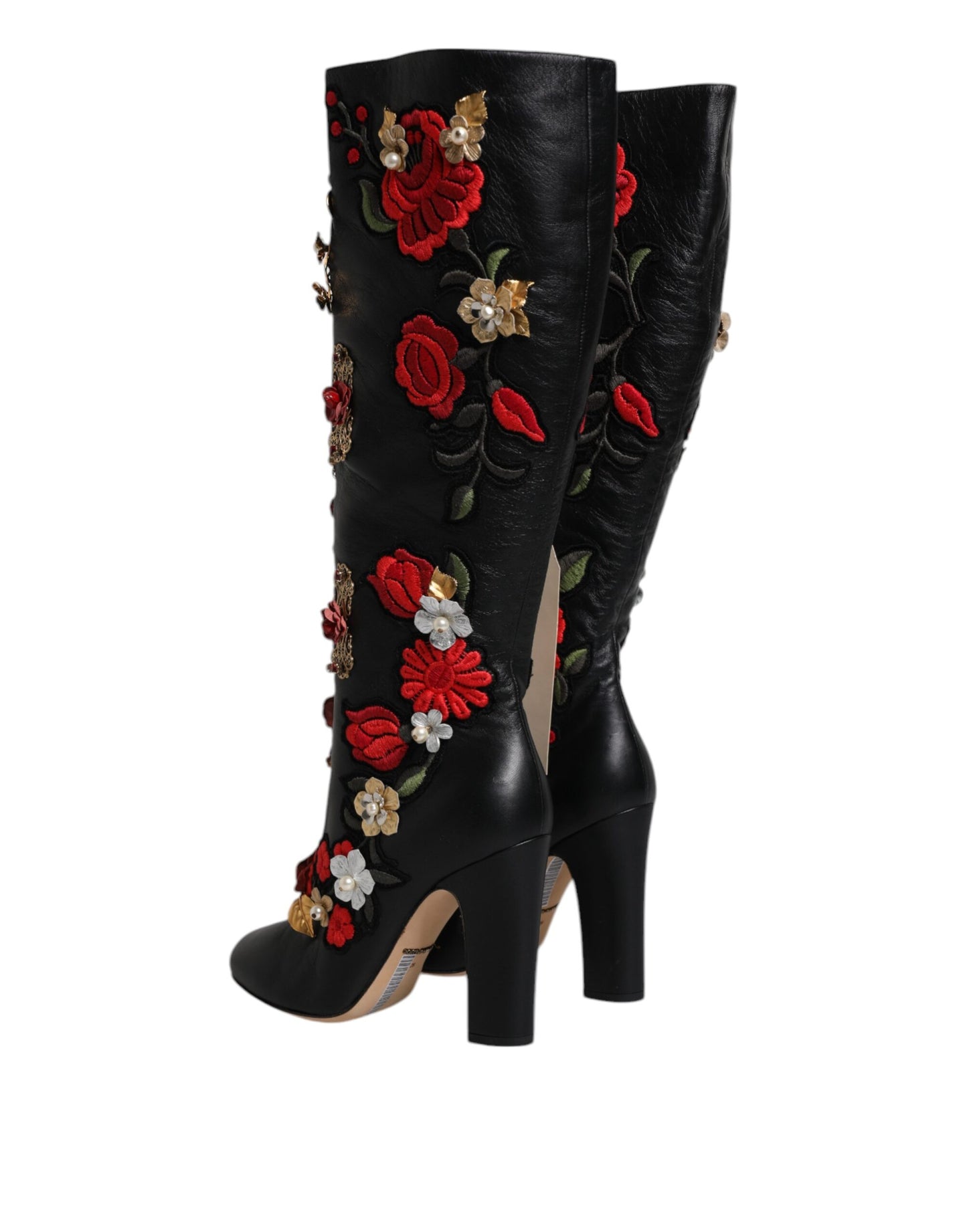 Dolce & Gabbana Schwarz Rosen verschönert Lederabsatz Stiefel Schuhe