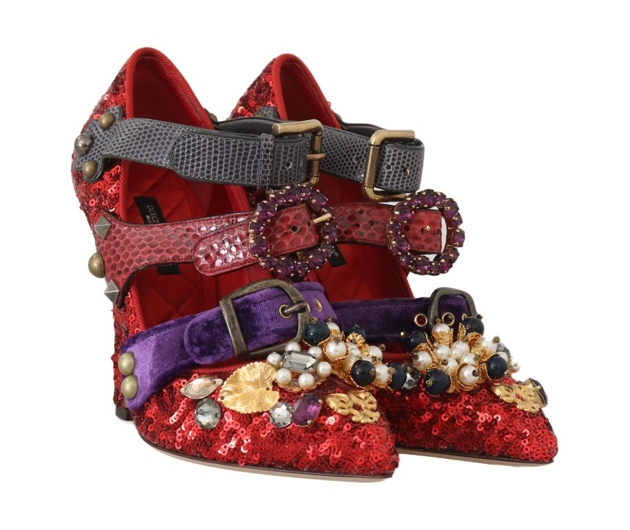 Dolce & Gabbana Rote Pailletten-Kristall-Nieten-Absätze Schuhe