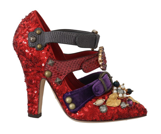 Dolce & Gabbana Rote Pailletten-Kristall-Nieten-Absätze Schuhe