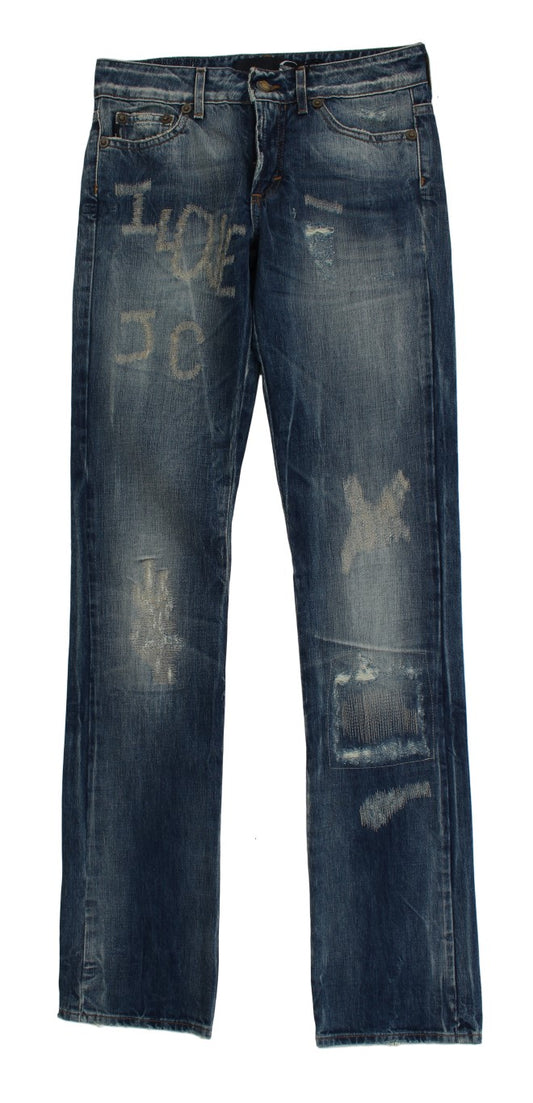 Cavalli Blaue Waschung Zerrissene Baumwolle Straight Fit Jeans
