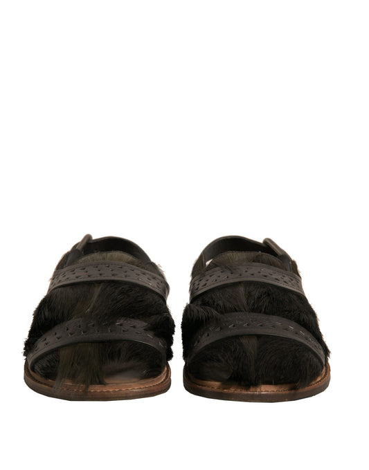 Dolce & Gabbana Grüne Gazelle Haar Leder Flats Sandalen Schuhe