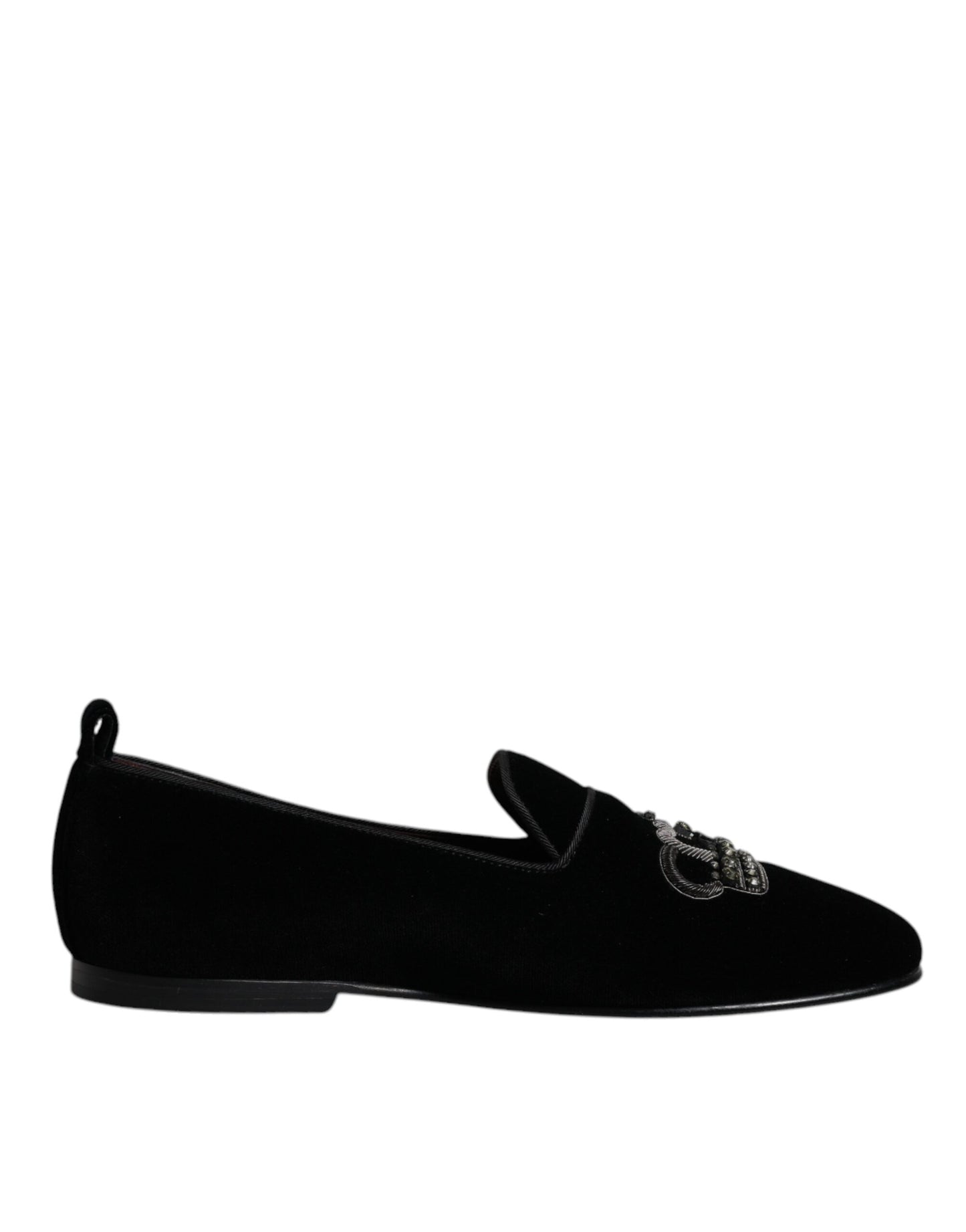 Dolce & Gabbana Schwarzer Samt Kristallkrone Loafers Formelle Kleid Schuhe