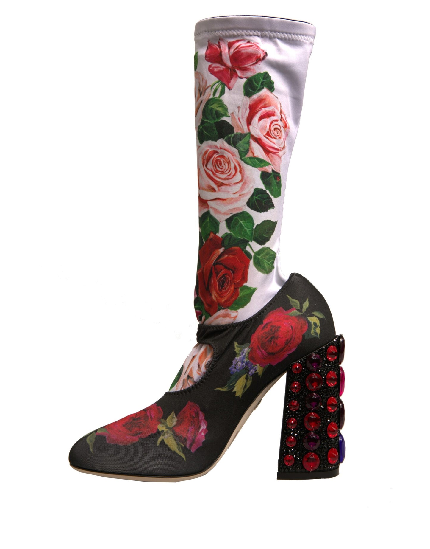 Dolce & Gabbana Schwarz Floral Socken Kristall Stiefel Jersey Schuhe