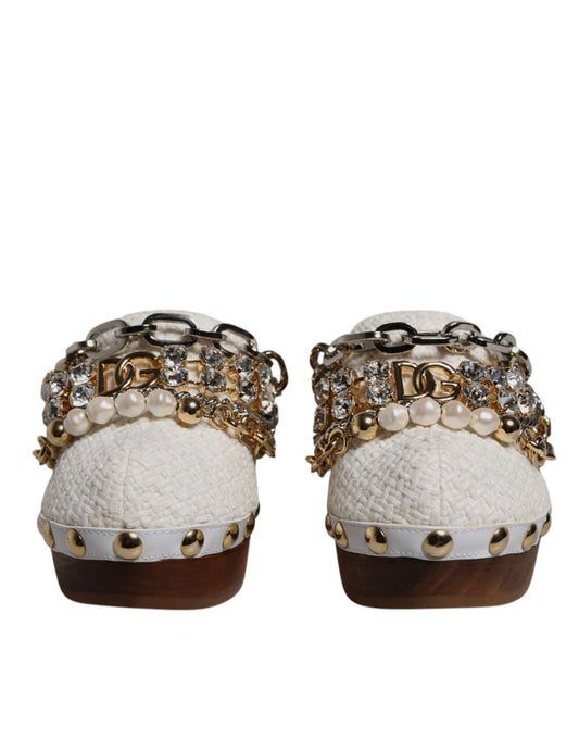 Dolce & Gabbana Weiß Raffia Clogs Bejeweled Kette Sandalen Schuhe