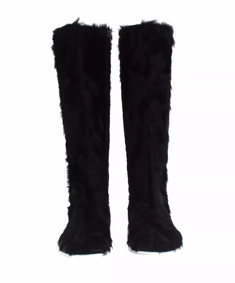 Dolce & Gabbana Schwarz Xiangao Lammfell Leder Stiefel Schuhe