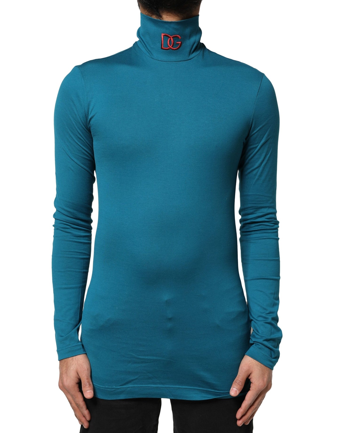 Dolce & Gabbana Blauer Baumwoll-Rollkragenpullover mit langen Ärmeln
